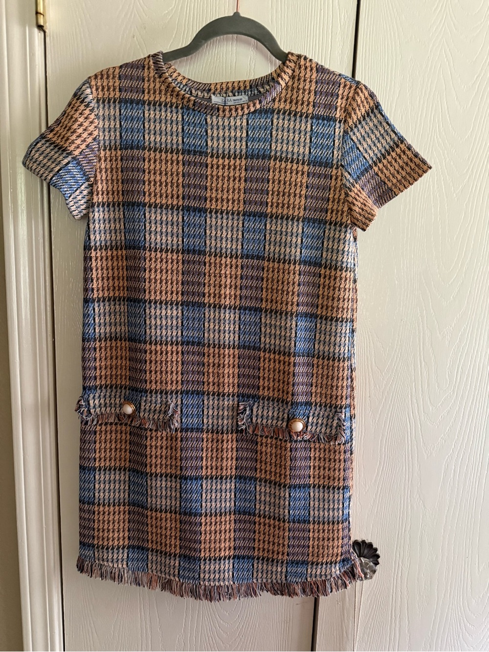Zara Blue and Tan Plaid Tweed Mini Dress Size Small